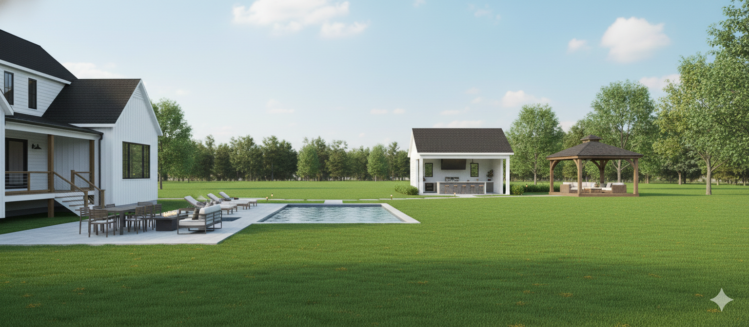 Exterior rendering with pool